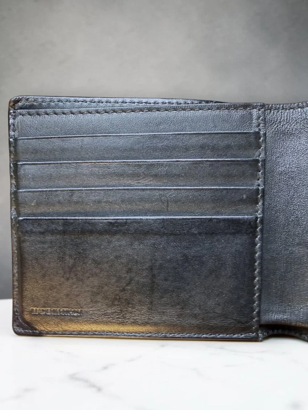 Burberry Mens Vintage Black Leather Bifold Wallet with Coin Pocket and COA